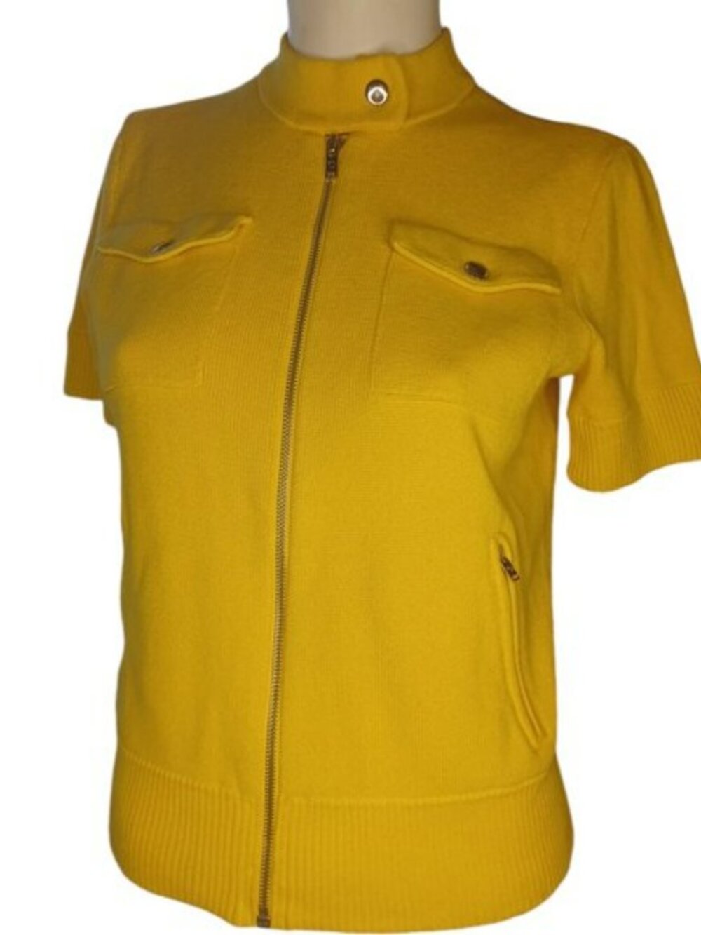 Lauren Ralph Lauren Womans Yellow Cotton Short Sleeve Zip Front Sweater S petite